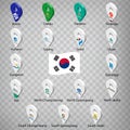 Seventeen flags the Provinces of South Korea - alphabetical order with name. Set of 3d geolocation signs like flags Provinces of